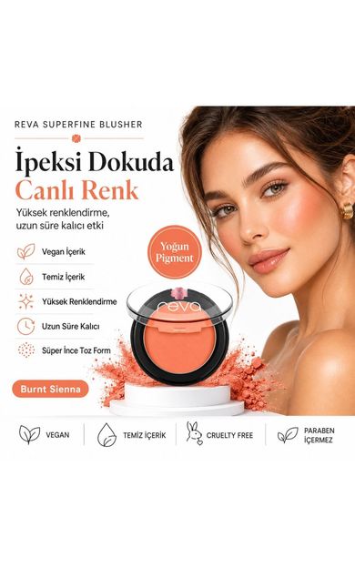 REVA Superfine Blusher Burnt Sienna - Süper ince Toz Allık 7,5 gr - No: 702 - Vegan &amp; Temiz İçerik Yanık Toprak