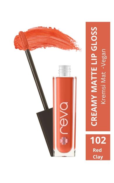 REVA Creamy Matte Lip Gloss Red Clay - Mat Krem Dudak Parlatıcısı - No: 102 - Vegan &amp; Temiz İçerik Sıcak Kırmızı
