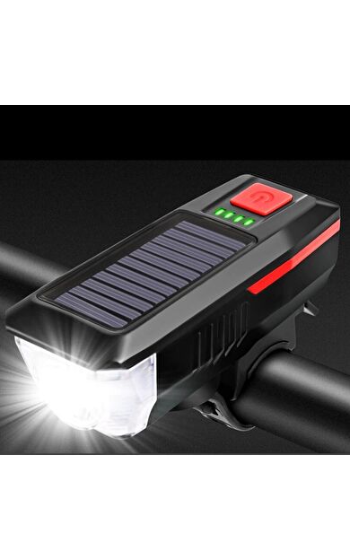 Solar Enerjili Usb Ile Şarj Edilebilir Ledli Bisiklet Feneri Kornalı Ve Su Geçirmez Far