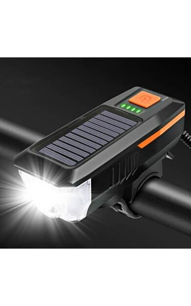 Güneş Enerjili Usb Şarjlı Bisiklet Lambası Solar Fener Ön Far Işık Aydınlatma Kornalı Turuncu