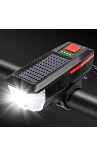 Güneş Enerjili Usb Şarjlı Bisiklet Lambası Solar Fener Ön Far Işık Aydınlatma Kornalı Kırmızı