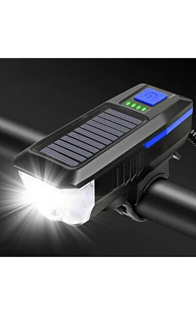 Güneş Enerjili Usb Şarjlı Bisiklet Lambası Solar Fener Ön Far Işık Aydınlatma Kornalı Mavi