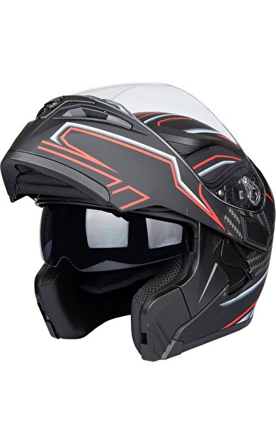 KC 902 Full Face Çene Açılır Güneş Vizörlü Motosiklet Kaskı L Beden Siyah Kırmızı Karbon