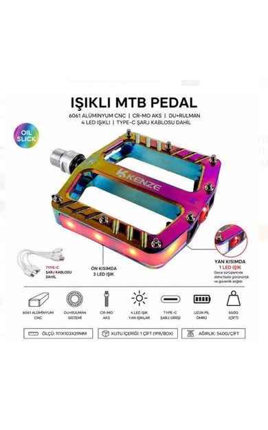 Kenze 3 Rulmanlı Işıklı Rainbow Alüminyum Alaşımlı Mtb Bmx Geniş Hafif Platform Pedal Işıklı Oilslick