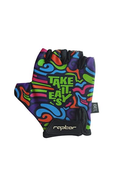Raptor Çocuk Eldiveni Kısa Parmak Çocuk Bisiklet Eldiveni Silikon Jelli Take it Easy Desenli M Beden