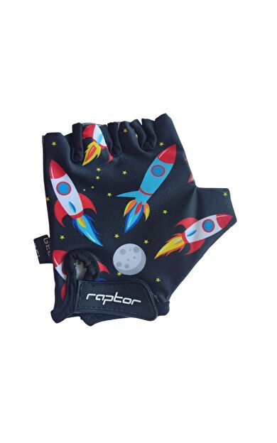 Raptor Çocuk Eldiveni Kısa Parmak Çocuk Bisiklet Eldiveni Silikon Jelli Roket Desenli M Beden