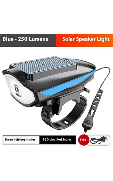 Solar 6163 Şarjlı 250 Lümen 140 Db Yüksek Sesli Bisiklet Ön Farı Ve Korna Mavi Güneş Enerjili Far