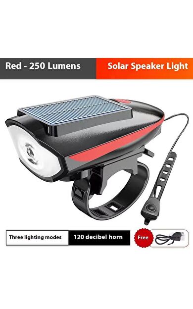 Solar 6163 Şarjlı 250 Lümen 140 Db Yüksek Sesli Bisiklet Ön Farı Ve Korna Kırmızı Güneş Enerjili Far