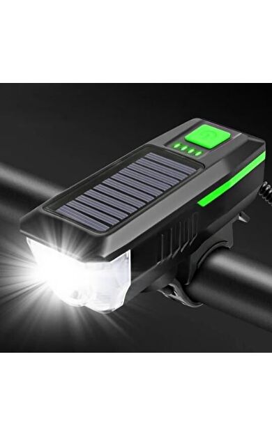 Forte Gt Solar Enerjili Usb Şarjlı Led Far Kornalı Ve Su Geçirmez Bisiklet Feneri Yeşil