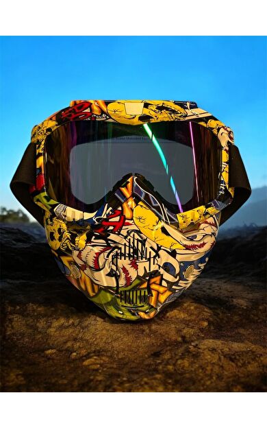Tex 710 Jet Maske Bisiklet Motosiklet Kayak Çok Amaçlı Maske Mor Cam Aynalı Gözlük Joker Desenli