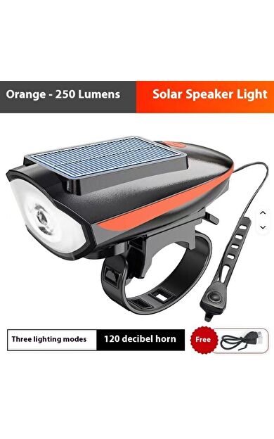 Solar 6163 Şarjlı 250 Lümen 140 Db Yüksek Sesli Bisiklet Ön Farı Ve Korna Turuncu Güneş Enerjili Far