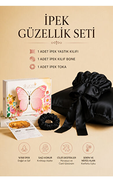 Silkwormlife %100 İpek Güzellik Seti – Yastık Kılıfı (50x70) + İpek Bone + İpek Toka | Saç &amp; Cilt Bakım Seti
