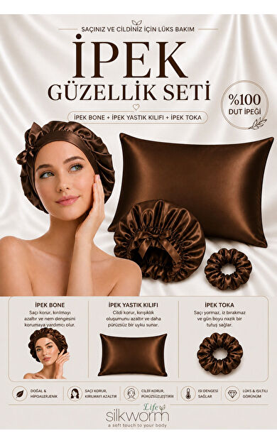 Silkwormlife %100 İpek Güzellik Seti – Yastık Kılıfı (50x70) + İpek Bone + İpek Toka | Saç &amp; Cilt Bakım Seti