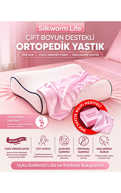 Silkwormlife PEMBE RENKLİ % 100 Ipek Kilifi Ile Ortopedik Visco Yastik [ 40 X 60 X 14 Cm)