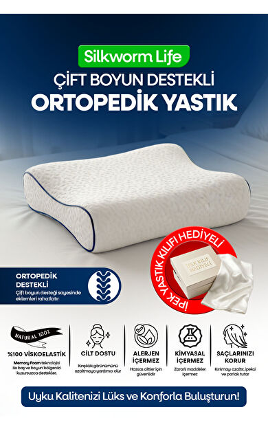 Silkwormlife İPEĞİN KENDİ RENGİ % 100 İPEK KILIFI İLE ORTOPEDİK VİSCO YASTIK [ 40 x 60 x 14 cm)