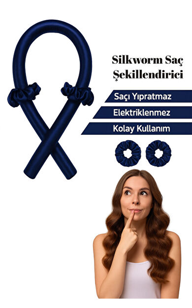 Silkwormlife Organik %100 Saf Ipek Saç Şekillendirici 80 Cm X 10 Cm | Isısız Bukle Sosisi Lacivert