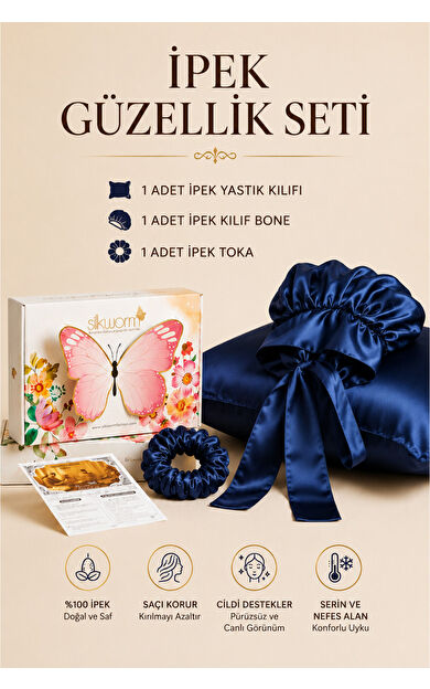 Silkwormlife %100 İpek Güzellik Seti – Yastık Kılıfı (50x70) + İpek Bone + İpek Toka | Saç &amp; Cilt Bakım Seti