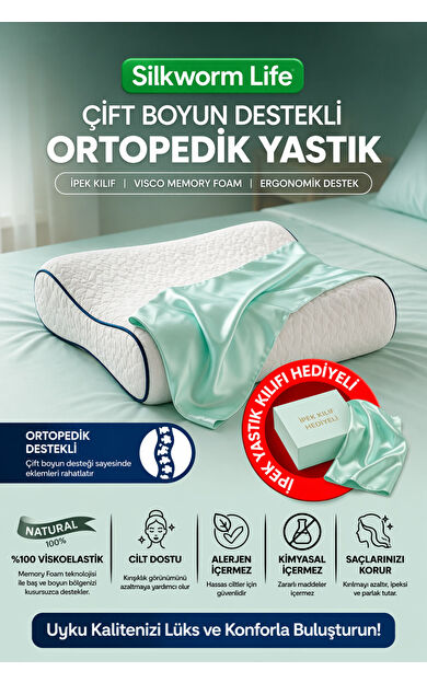 Silkwormlife MİNT RENKLİ %100 İPEK KILIFI İLE ORTOPEDİK VİSCO YASTIK [ 40 x 60 x 14 cm)