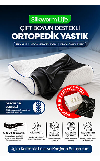 Silkwormlife SİYAH RENKLİ % 100 İPEK KILIFI İLE ORTOPEDİK VİSCO YASTIK [ 40 x 60 x 14 cm)