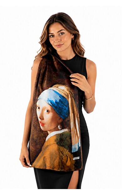 Silkwormlife Sanat Koleksiyonu %100 İpek Şal – Ünlü Ressam Eserleri Desenli Şık Kadın Fular 45x165 cm İNCİ KÜPELİ KIZ