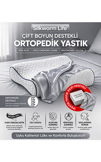 Silkwormlife GÜMÜŞ GRİ % 100 İPEK KILIFI İLE ORTOPEDİK VİSCO YASTIK [ 40 x 60 x 14 cm)
