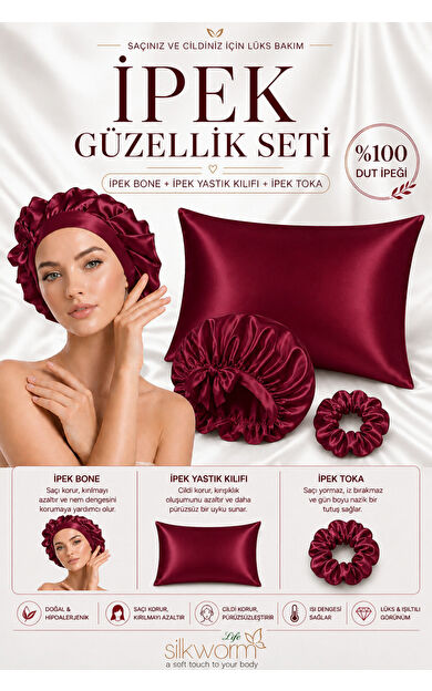 Silkwormlife %100 İpek Güzellik Seti – Yastık Kılıfı (50x70) + İpek Bone + İpek Toka | Saç &amp; Cilt Bakım Seti