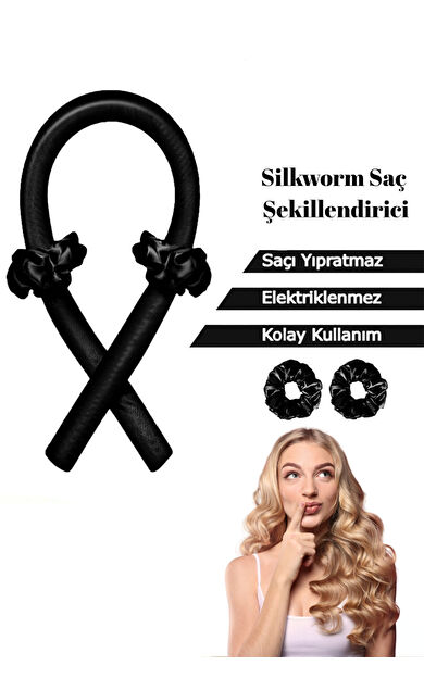 Silkwormlife Organik %100 Saf Ipek Saç Şekillendirici – 80 Cm X 10 Cm | Isısız Bukle Sosisi Siyah