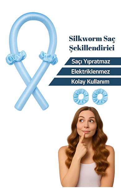 Silkwormlife Organik %100 Saf Ipek Saç Şekillendirici – 80 Cm X 10 Cm | Isısız Bukle Sosisi Mavi