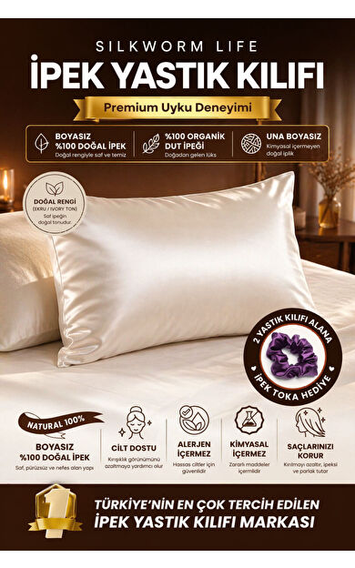 Silkwormlife DOĞAL BEYAZ RENKLİ ( İPEĞİN KENDİ RENGİ ) 100 % Ipek Yastık Kılıfı ( 50 Cm -70 Cm) FERMUARLI