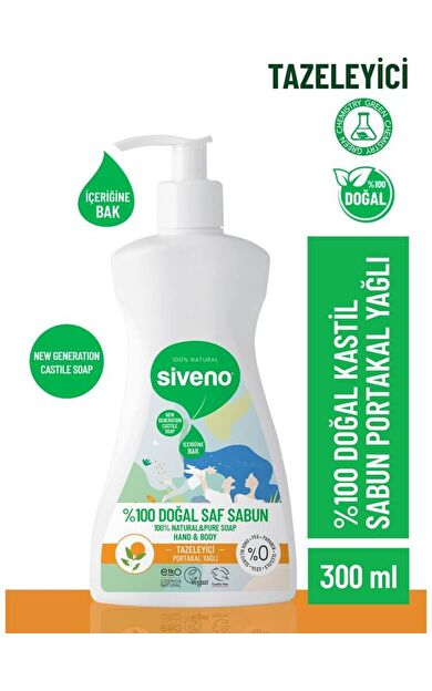 Siveno %100 Doğal Sıvı Kastil Sabun Portakal Yağlı Tazeleyici Nemlendirici Bitkisel Vegan 300 ml