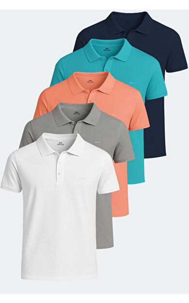 Slazenger SOHO 5'li Set Erkek Tişört Beyaz - Gri - Lacivert - Somon - Turkuaz