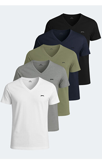 Slazenger SARGON 5'li Set Erkek Tişört Beyaz - Siyah - Lacivert - Haki - Gri
