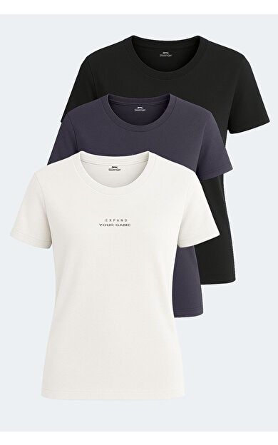 Slazenger PAYTONS 3'lü Set Kadın Tişört Ekru - Siyah - Koyu Gri