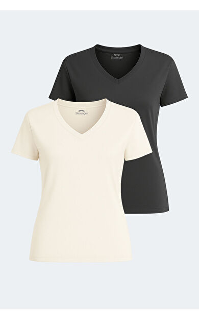 Slazenger PERICAS 2'li Set Kadın Tişört Ekru - Koyu Gri
