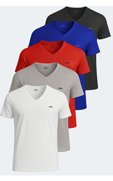 Slazenger KATRINA 5li Set Erkek Tişört Beyaz - Siyah - Gri - Saks Mavi - Kırmızı