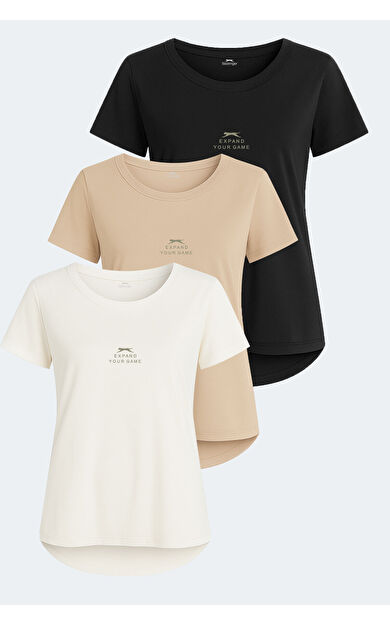 Slazenger VIRAJ 3 lü Set Kadın Tişört Ekru - Siyah - Bej