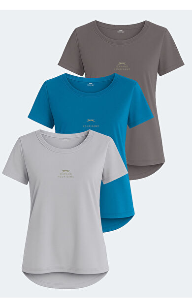 Slazenger VIRAJ 3 lü Set Kadın Tişört Taş Gri - Petrol - Koyu Gri