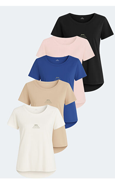 Slazenger VIRAJ 5 li Set Kadın Tişört Ekru - Siyah - Bej - Fuşya - Saks Mavi