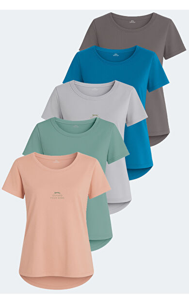 Slazenger VIRAJ 5 li Set Kadın Tişört Taş Gri - Petrol - Koyu Gri - Somon - Su Yeşili