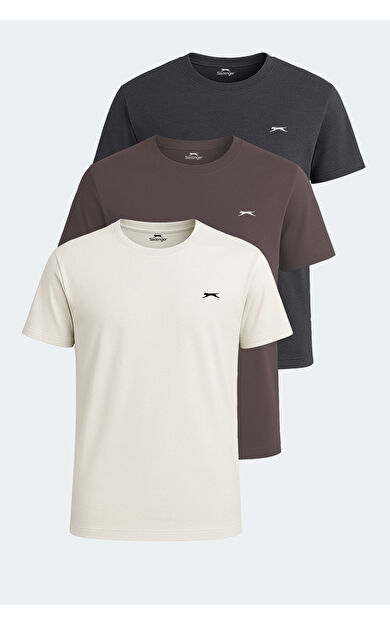 Slazenger KRATER 3'lü Set Erkek Tişört Ekru - Koyu Gri - Kahve
