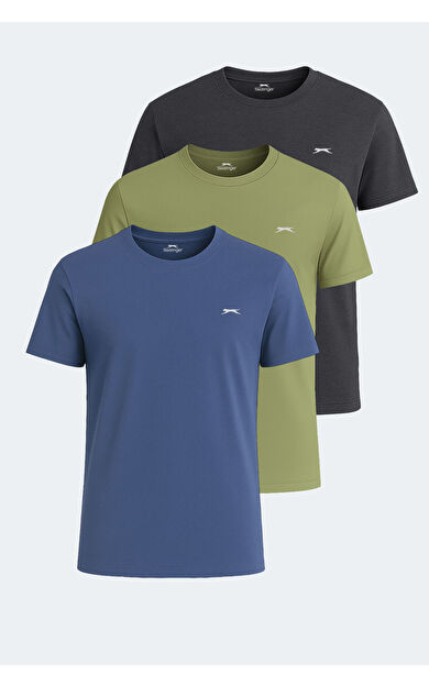 Slazenger KRATER 3'lü Set Erkek Tişört Koyu Gri - Açık Yeşil - Indigo