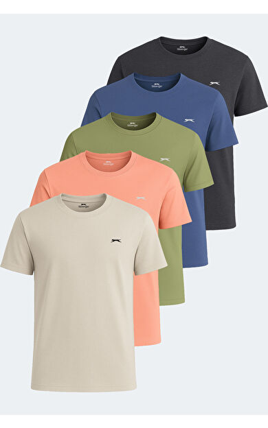 Slazenger KRATER 5'li Set Erkek Tişört Somon - Koyu Gri - Indigo - Bej - Açık Yeşil