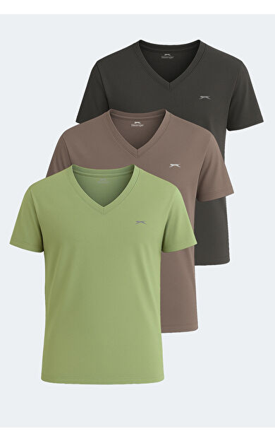 Slazenger KRAKKER 3'lü Set Erkek Tişört Koyu Gri - Açık Yeşil - Kahve