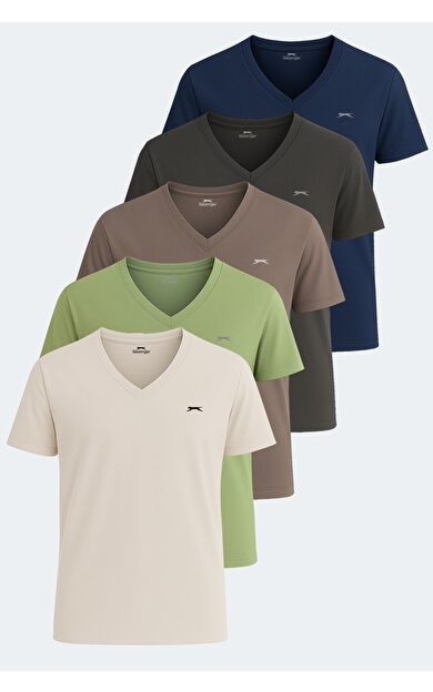 Slazenger KRAKKER 5'li Set Erkek Tişört Koyu Gri - Açık Yeşil - Kahve - Bej - Lacivert