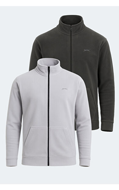 Slazenger SANSA 2 Lİ SET Erkek Fermuarlı Dik Yaka Cepli Gri - Koyu Gri Polar