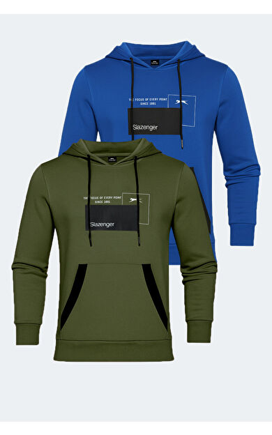 Slazenger VANDA 2 li set Erkek Kanguru Cepli Kapüşonlu Haki - Mavi Sweatshırt