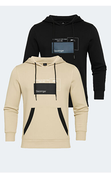 Slazenger VANDA 2 li set Erkek Kanguru Cepli Kapüşonlu Siyah - Bej Sweatshırt