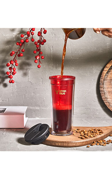 Star Termos Star Mug 350 ml Transparan Seri - Kırmızı Çift Katmanlı Mug - Piknik Kamp Outdoor Ofis Okul Kampüs
