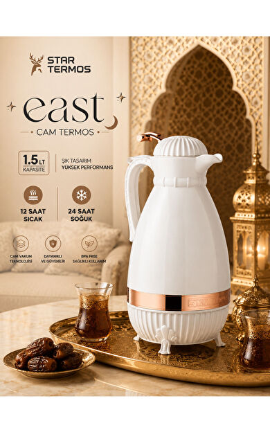 Star Termos East Serisi 1.5 LT Cam Termos Beyaz Rose | 12 saa sıcak 24 saat soğuk muhaza