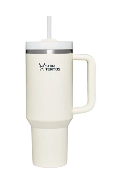 Star Termos Aqua Pipetli 900 ML Çelik Termos - Krem | 8 saat sıcak 12 saat soğuk 24 saat buz tutar